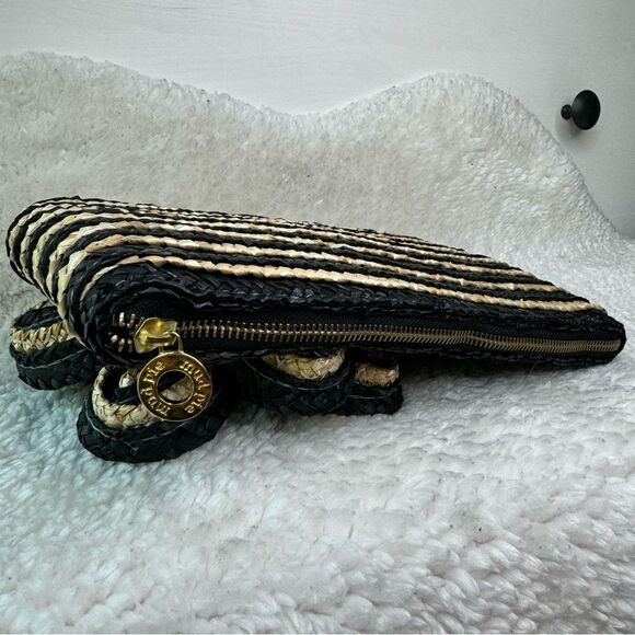 MudPie Clutch Flower Handbag Natural Woven Wheat Straw black Gold Accent Stripes - Picture 7 of 16